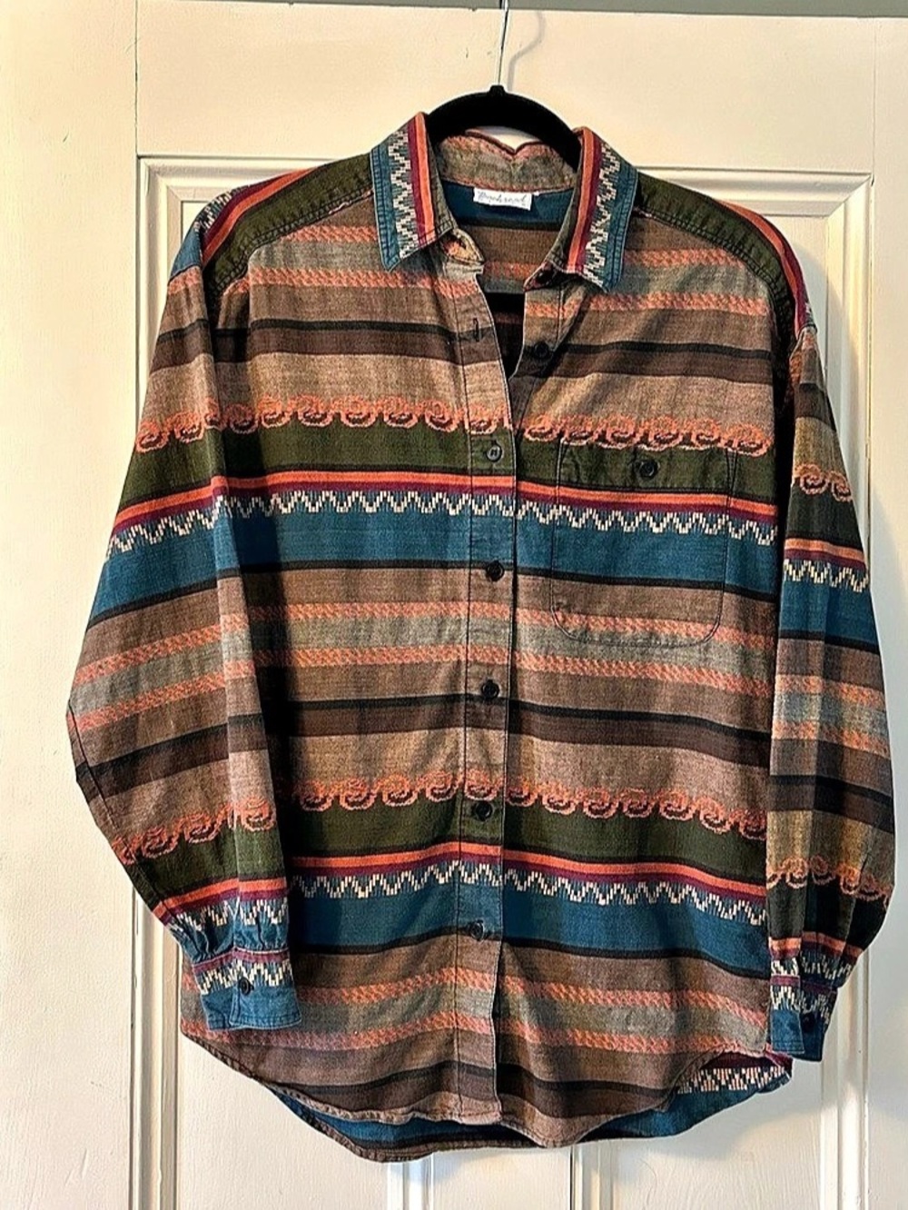 Vintage Stripe Geometric Blue Brown Green Pocket Button Down Flannel Top